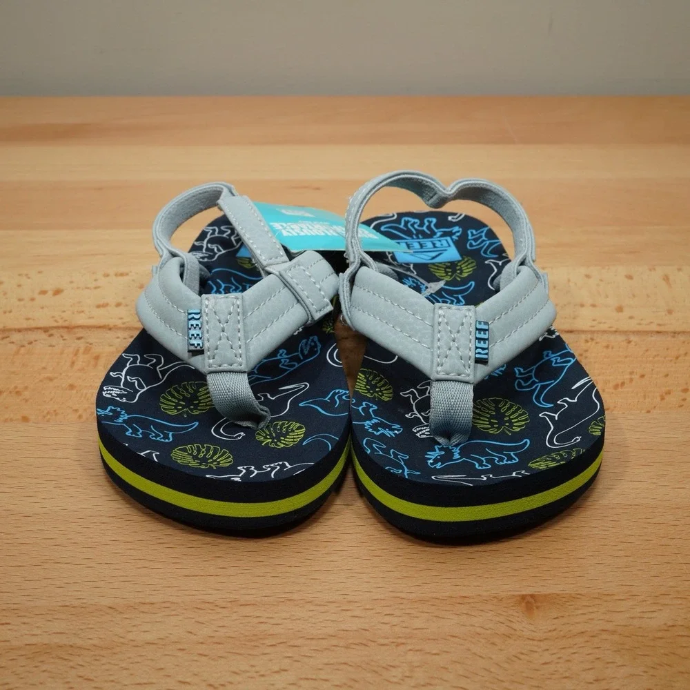 Reef Flip Flops Boys 11 Little Ahi Dinosaur Sandals Navy Gray NEW
